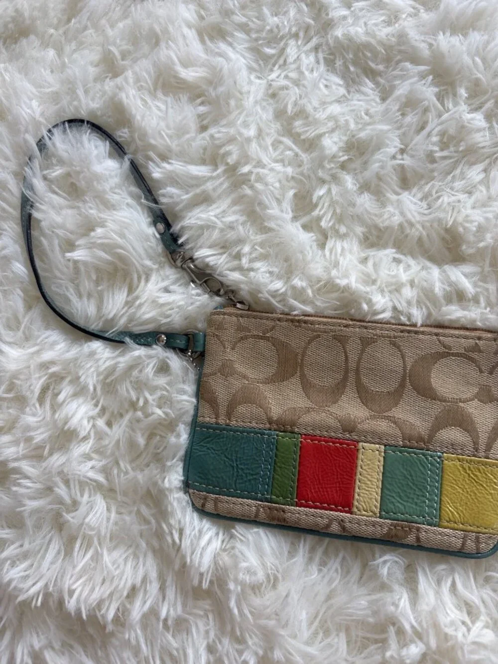 Coach Mini Wristlet Signature C Canvas Patchwork Stripe Bag Teal Trim Vintage - Picture 12 of 16